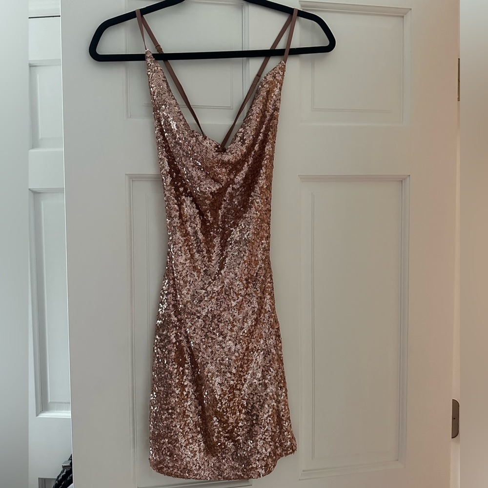 Women’s Pink Sequin Cowl Neck Criss Cross Adjustable Bodycon Mini dress